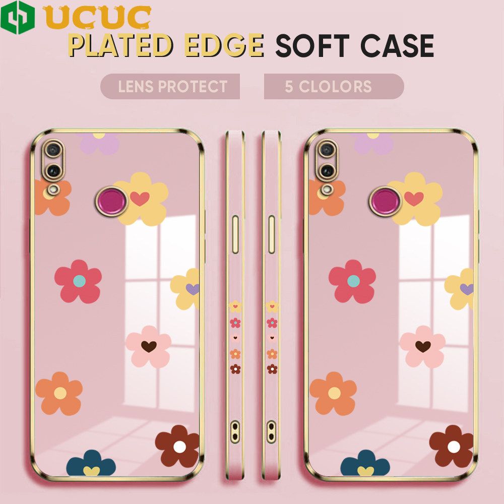 UCUC for Honor Y9 2019 Back Cover + Free Lanyard INS Style Flower Luxury 6D Plating Case Side Pattern Soft Silicone Square Phone Cases
