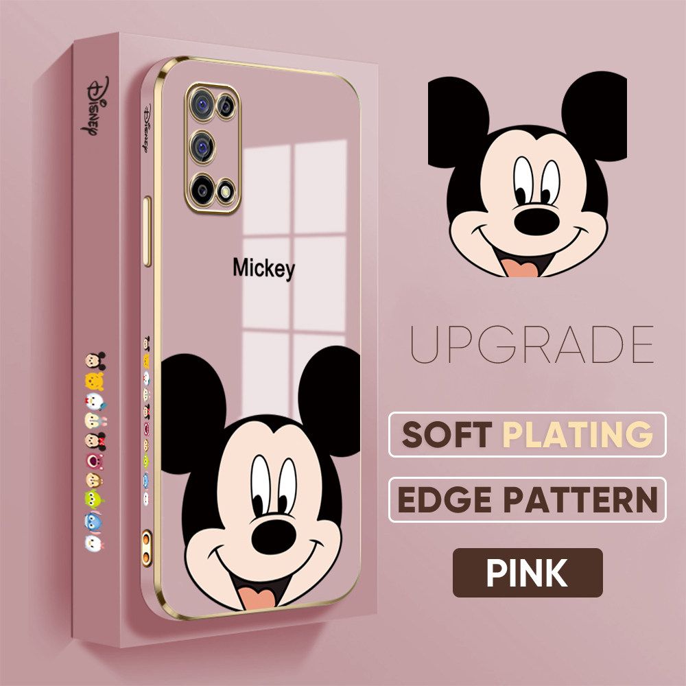 Jizetin (Free Lanyard) Realme 7 5G Luxury 6D Plating Soft Casing Silicone Square Frame Phone Case Shiny Bling Back Cover Cartoon Big Head Mouse New design Side Drawing Case