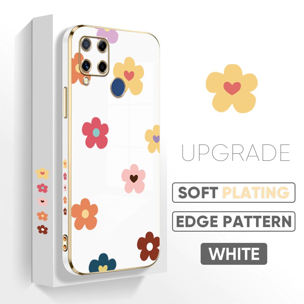 TA for Realme C15 / Realme C15 Qualcomm Edition Back Cover + Free Lanyard Falling Flowers Luxury 6D Plating Case Side Pattern Soft Silicone Square Phone Cases