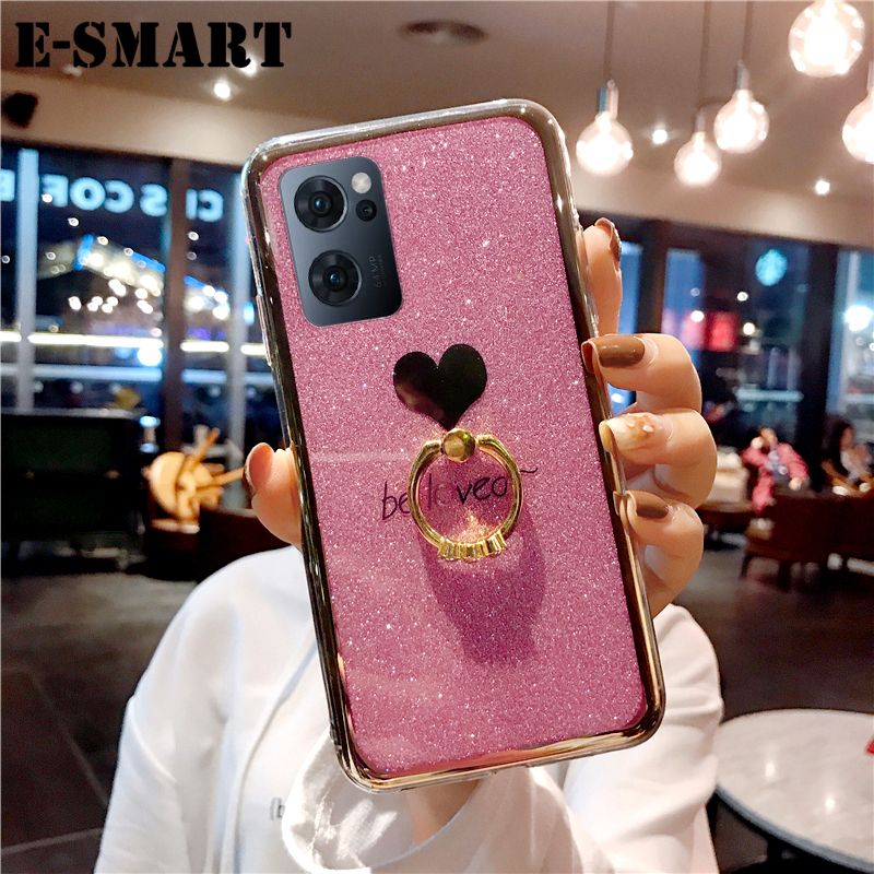 Phone Case OPPO Reno 7 Back Fashion Couple Cases Bling Gold Glitter Be Loved Soft Silicone Protector Cover with Finger Ring Holder OPPO Reno7 Case
