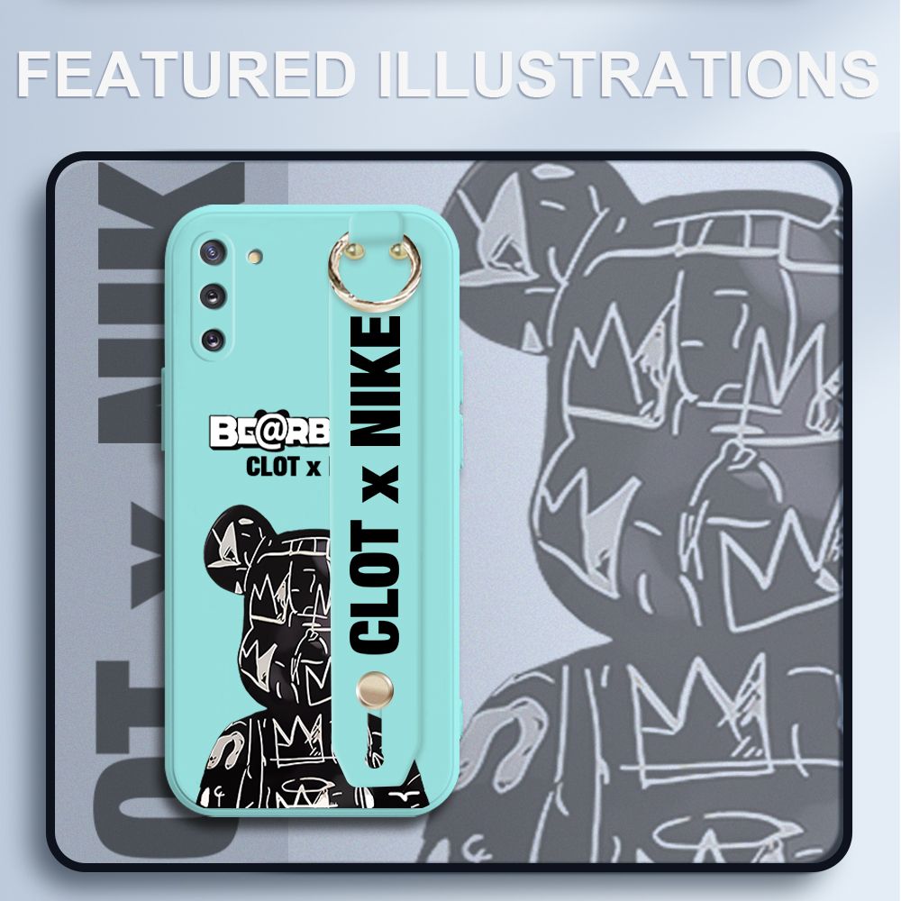 UCUC for Samsung Galaxy Note 10 Wrist Strap Case Creative Cartoon Black Stitching Bear Cover Ultra Thin Anti Fall Liquid Silicone Phone Case