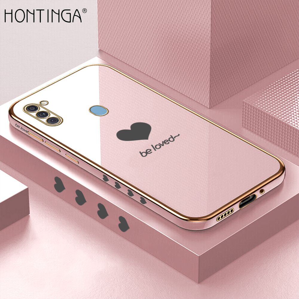 Hontinga for Samsung Galaxy A11 M11 Case + Free Lanyard Luxury 6D Plating Lover Heart Side Pattern Soft Back Cover Silicone Square Frame Shiny Bling Phone Cover
