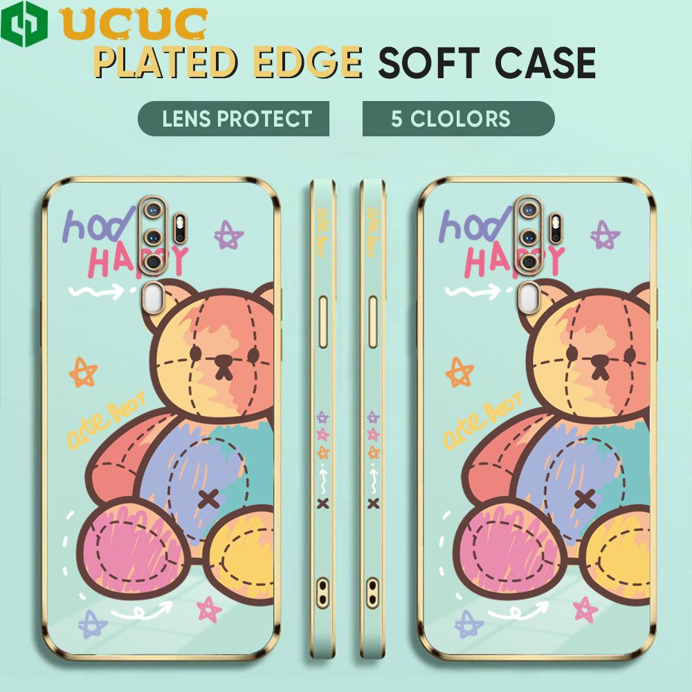 UCUC for OPPO A9 2020 A5 2020 Back Cover + Free Lanyard Colorful Muppet Bear Luxury 6D Plating Case Side Pattern Soft Silicone Square Phone Cases