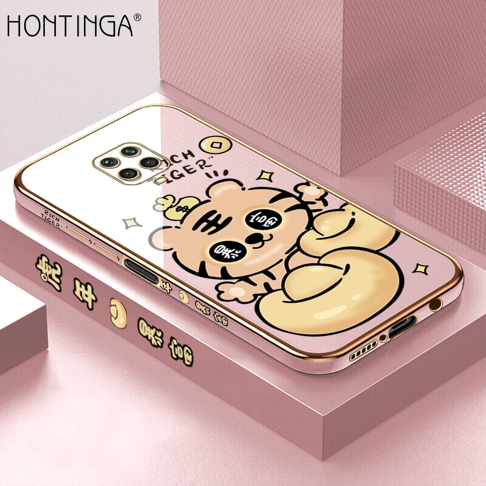 Hontinga for Redmi Note 9S / Note 9 Pro / Note 9 Pro Max Back Cover + Free Lanyard Luxury 6D Plating Cartoon Get Rich Tiger Side Pattern Caese Soft Silicone Square Phone Cases