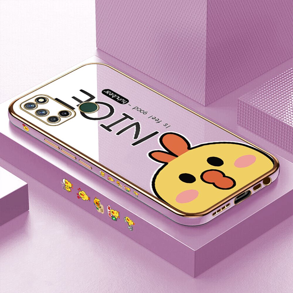 Luxury 6D Plating Case for Realme 7I C17 Cartoon Cute Doodle Chicken Side Pattern Back Cover Soft Silicone Square Phone Cases + Free Lanyard
