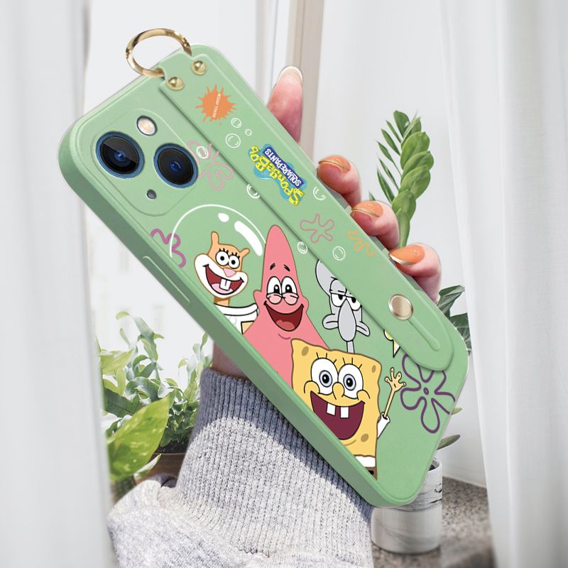 Jizetin for iPhone 13 Wrist Strap Case Funny Cartoon Sea Creatures Cover Ultra Thin Anti Fall Liquid Silicone Phone Case