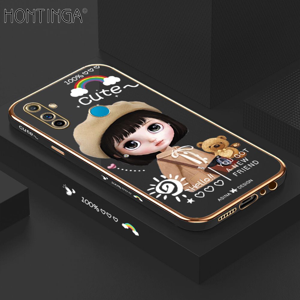 Hontinga for Realme C3 Back Cover + Free Lanyard Luxury 6D Plating Cute Satchel Girl Side Pattern Case Soft Silicone Square Mobile Cover