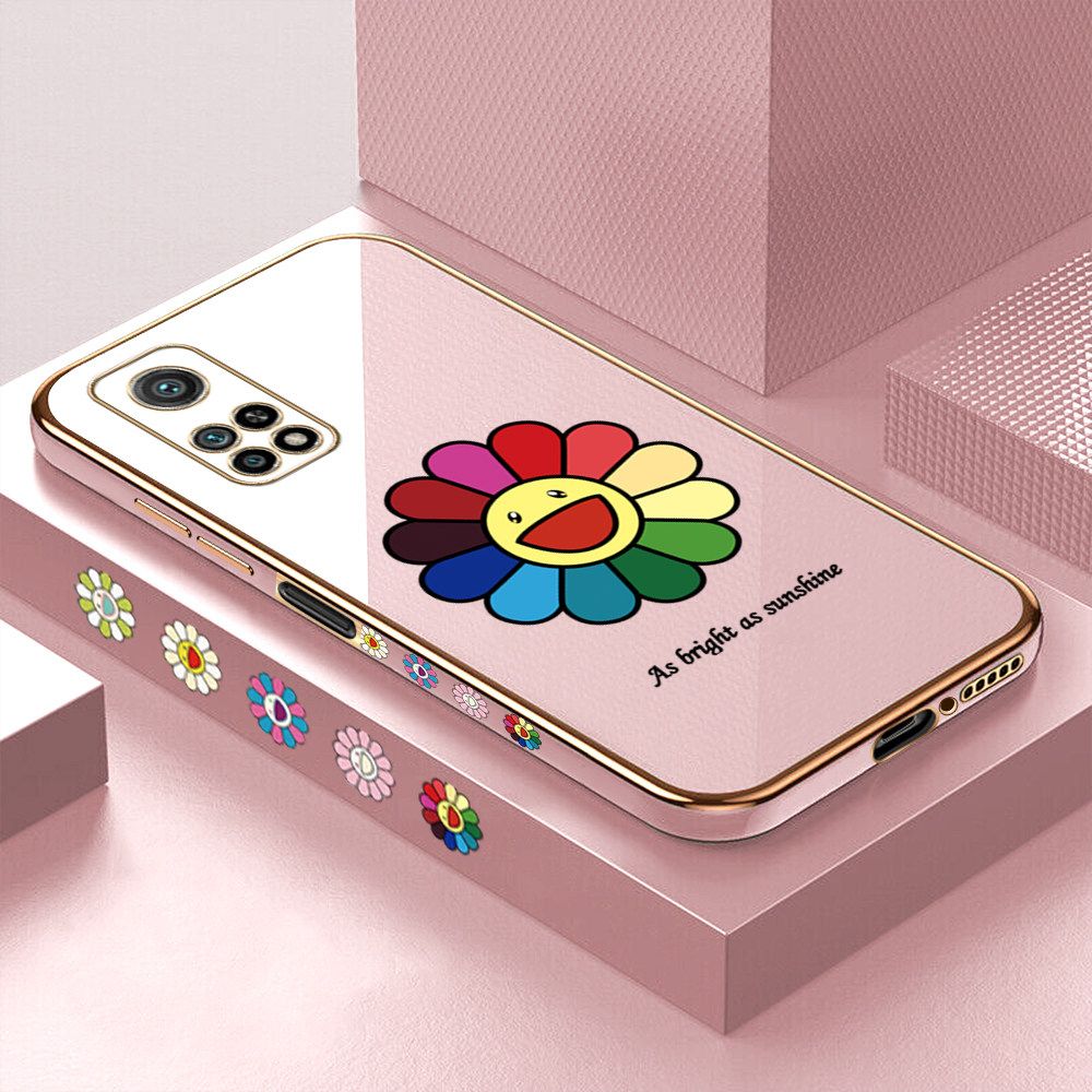 Luxury 6D Plating Case for Xiaomi 10T Colored Sunflower Side Pattern Back Cover Soft Silicone Square Frame Shiny Bling Phone Cases + Free Lanyard