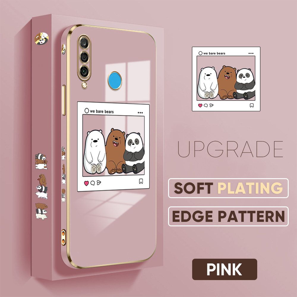 TA for Huawei P30 Lite / Nova 4E Back Cover + Free Lanyard Bears Group Photo Luxury 6D Plating Case Side Pattern Soft Silicone Square Phone Cases