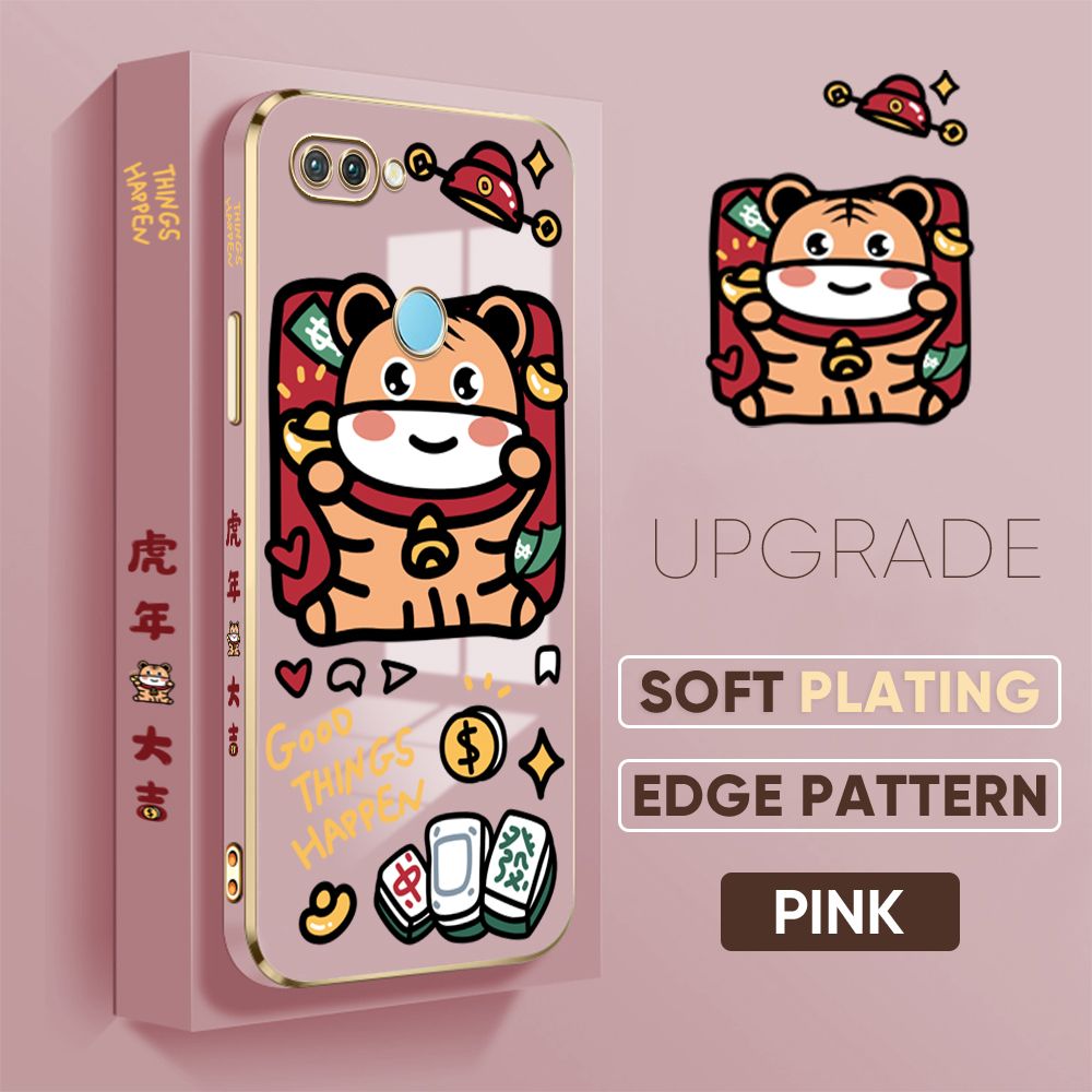 TA for OPPO F9 / Realme U1 / Realme 2 Pro Back Cover + Free Lanyard Cute Animals Luxury 6D Plating Case Side Pattern Soft Silicone Square Phone Cases