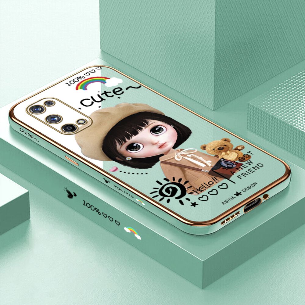 Luxury 6D Plating Case for Realme X7 Pro 5G Cute Satchel Girl Side Pattern Back Cover Soft Silicone Square Phone Cases + Free Lanyard