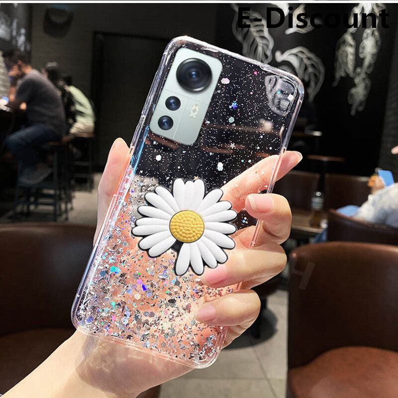 For Xiaomi 12X Transparent Bling Glitter Cases Soft Clear Shining Sequin Case with Daisy Flowers Folding Xiaomi Mi 12X Back Cover
