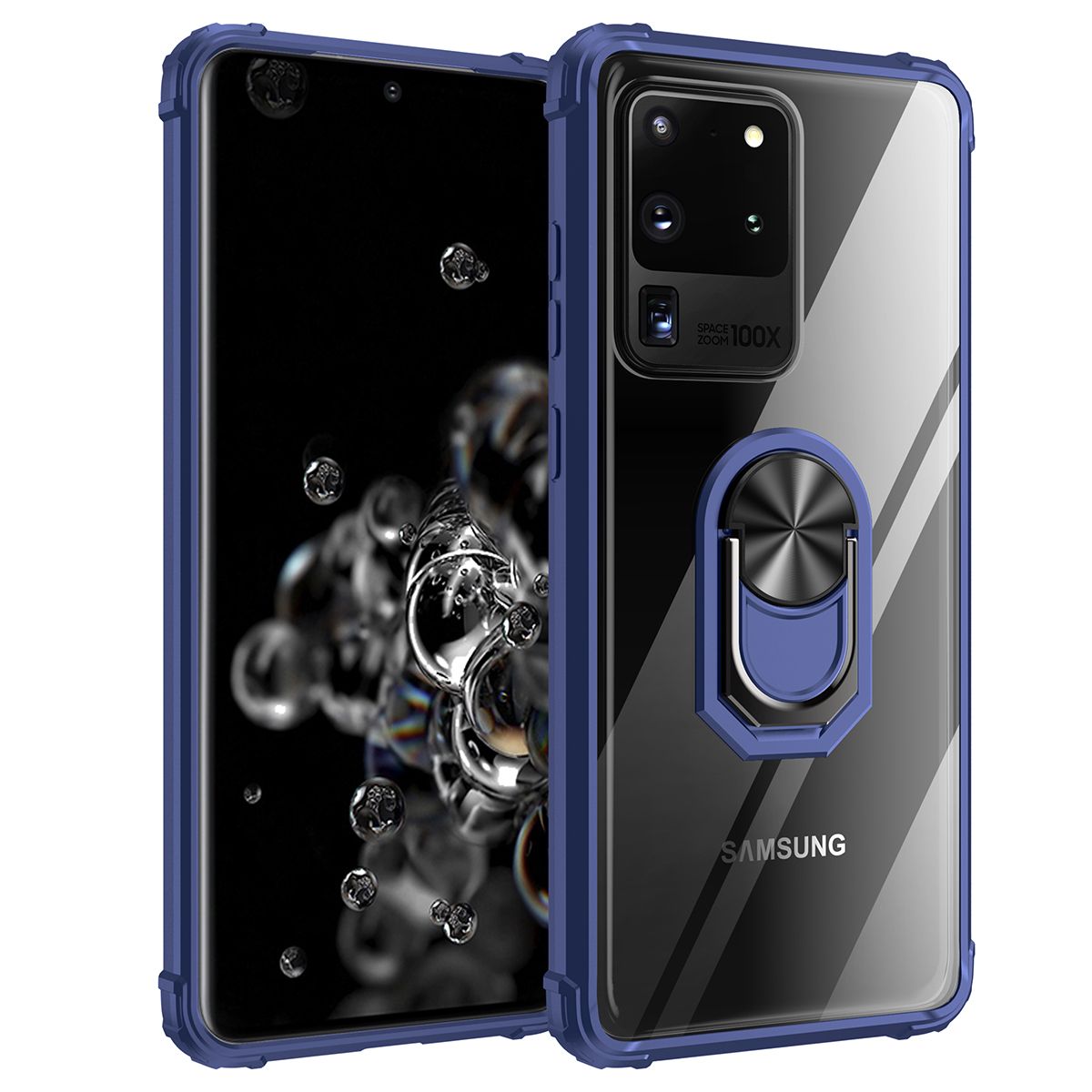 For Samsung Galaxy S20 Ultra Hybrid Case with Ring Holder Stand Transparent Acrylic Hard Back Gel TPU Bumper Rugged Shockproof Protective Cover