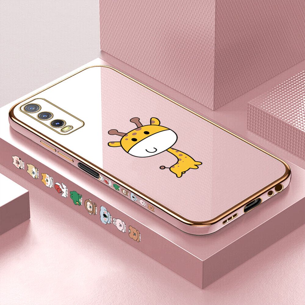 Luxury 6D Plating Case for Vivo Y20S Color Cute Giraffe Side Pattern Back Cover Soft Silicone Square Frame Shiny Bling Phone Cases + Free Lanyard