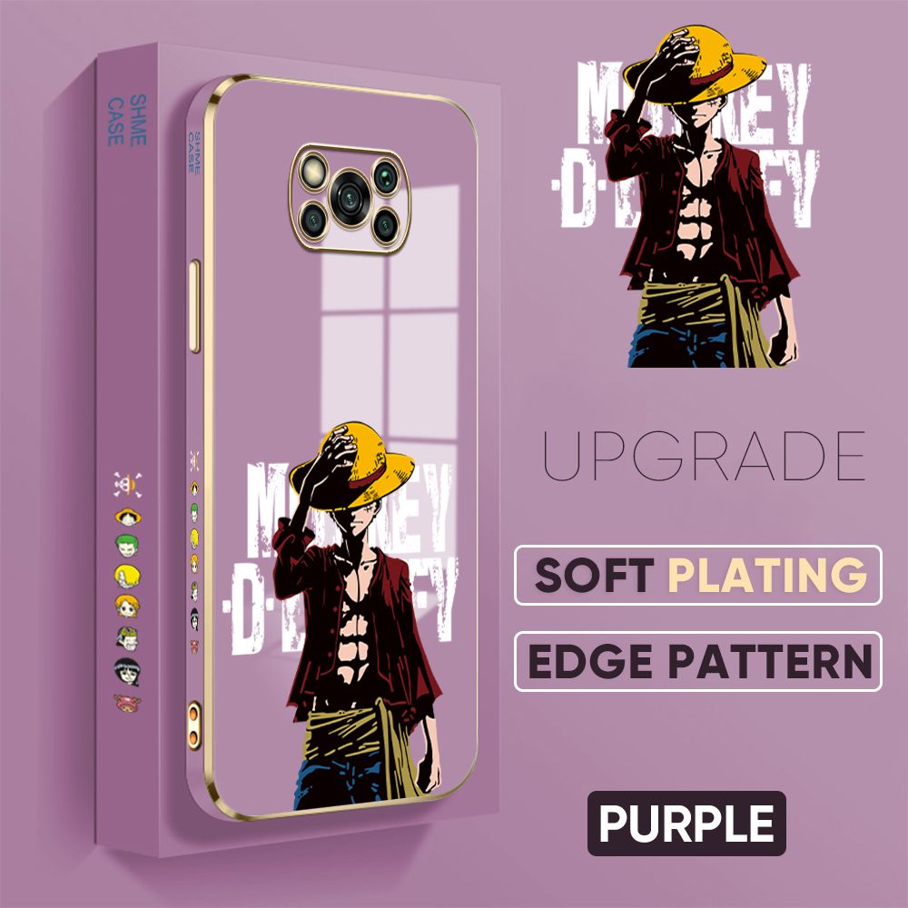 Jizetin (Free Lanyard) Xiaomi Poco X3 Pro / X3 NFC Back Cover Holding Cap Luffy Luxury 6D Plating Case Side Pattern Soft Silicone Square Mobile Phone Cases