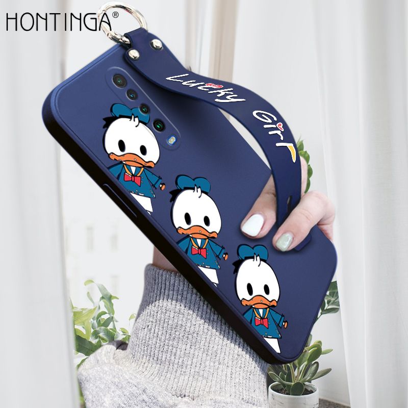 Hontinga for Xiaomi Poco X2 Wrist Strap Case Cute Cartoon Little Duck Phone Case Square Edge Liquid Silicone Case Full Cover Camera Shockproof Protective Cases
