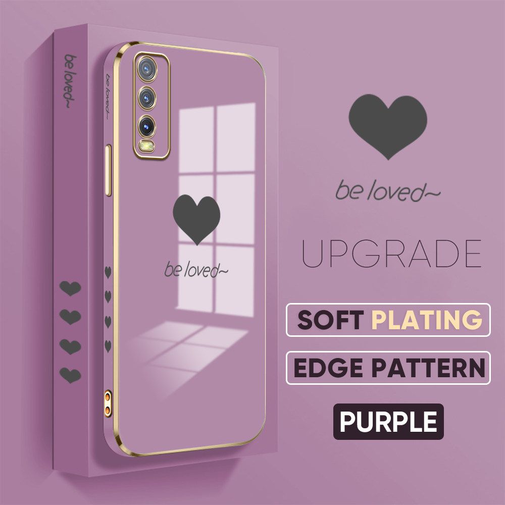 Jizetin (Free Lanyard) Vivo Y20 / Y12A / Y12S / Y20i / Y20SG / Y20 2021 Luxury 6D Plating Soft Casing Silicone Square Frame Phone Case Shiny Bling Back Cover New Lover Heart New design Side Drawing Case
