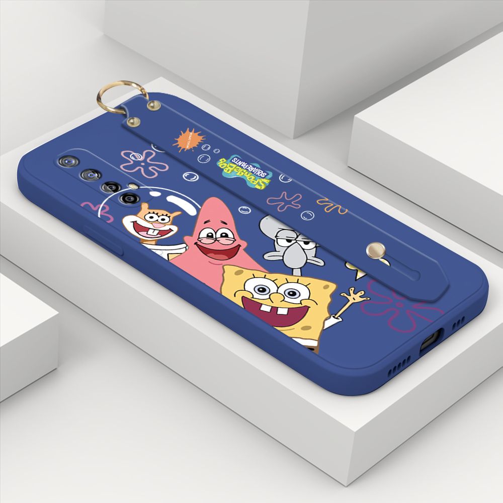 ZeroQiQi for Realme Narzo 20 Pro Wrist Strap Case Cute Cute Funny Cartoon Sponge for Square Pants Cover Square Edge Liquid Silicone Anti-drop Phone Case