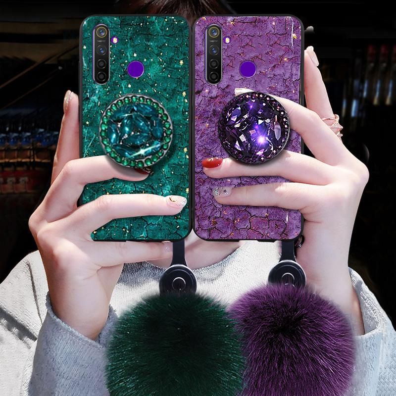 For Realme C12 / C15 / C25 Realme 6i / 5i / 7i Realme C3 Realme 5 Realme 6 / 5 Pro / 6 Pro / 7Pro Realme C2 / C1 / Nrazo 20 / Nrazo 10A Bling Gold Foil Hairball Wristlet Marble Phone Cases Luxury  Soft Silicone Shockproof Glitter Case Coque