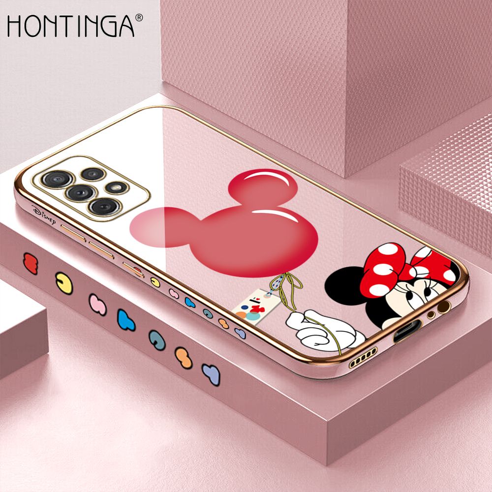 Hontinga for Samsung A72 5G/4G Back Cover + Free Lanyard Luxury 6D Plating Cartoon Balloon Mouse Side Pattern Case Soft Silicone Square Mobile Cover
