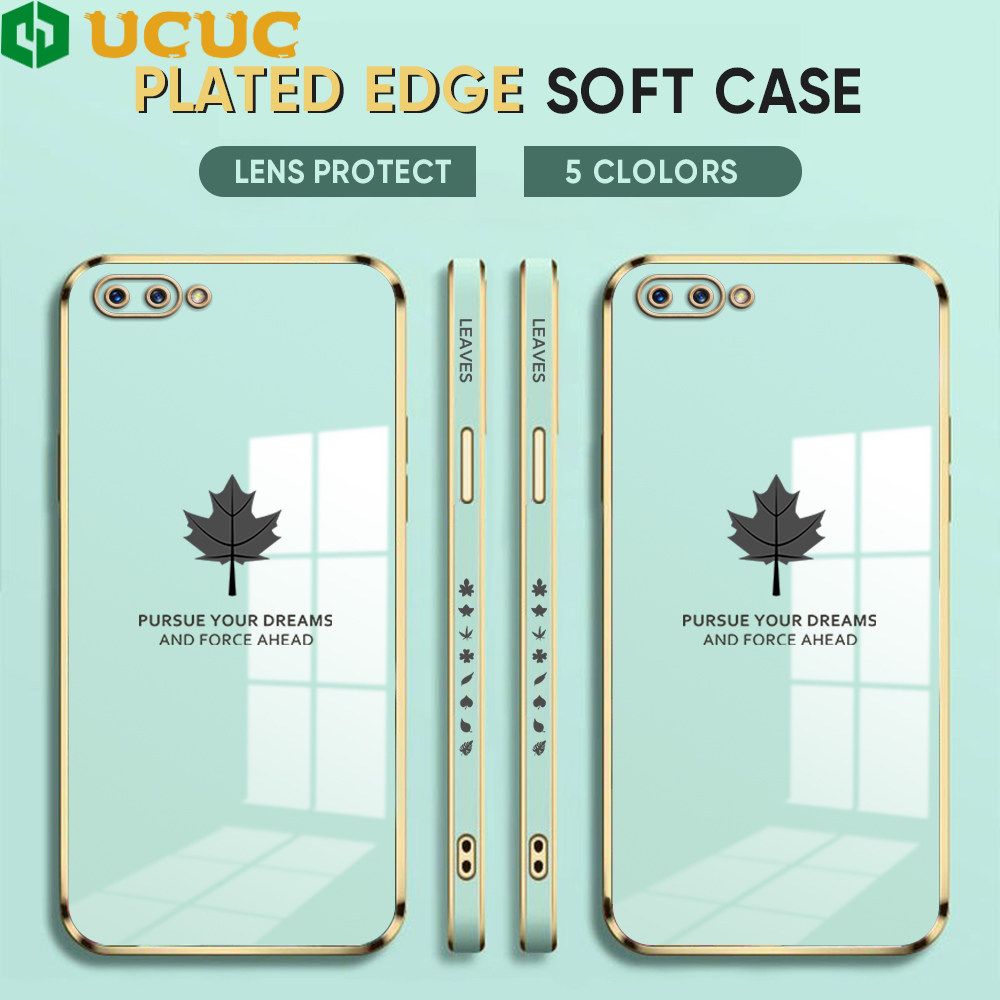 UCUC for OPPO A12E / A3S / Realme C1 Back Cover + Free Lanyard Maple Leaf Luxury 6D Plating Case Side Pattern Soft Silicone Square Phone Cases