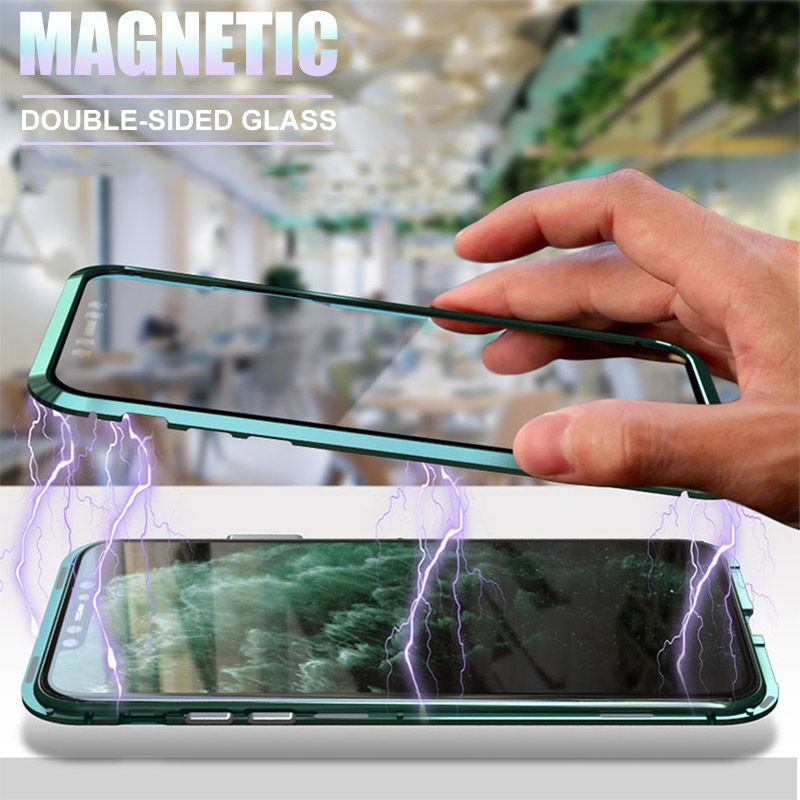 For OPPO A5 A9  A3S A7 A5S F11 F11 Pro F9 Reno2 Reno2 F Reno3 Reno4 Double-sided Glass Magnetic 2 In 1 Adsorption Metal Case Double Tempered Glass Aluminum Frame Beautiful Shock Protection Flip Cover