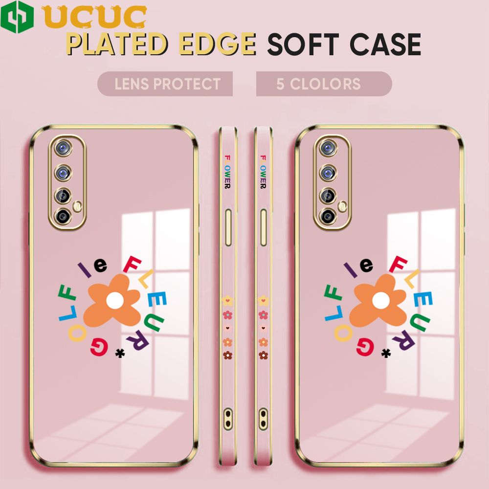 UCUC for Realme 7 / Realme Narzo 20 Pro Back Cover + Free Lanyard Colorful Flower Luxury 6D Plating Case Side Pattern Soft Silicone Square Phone Cases