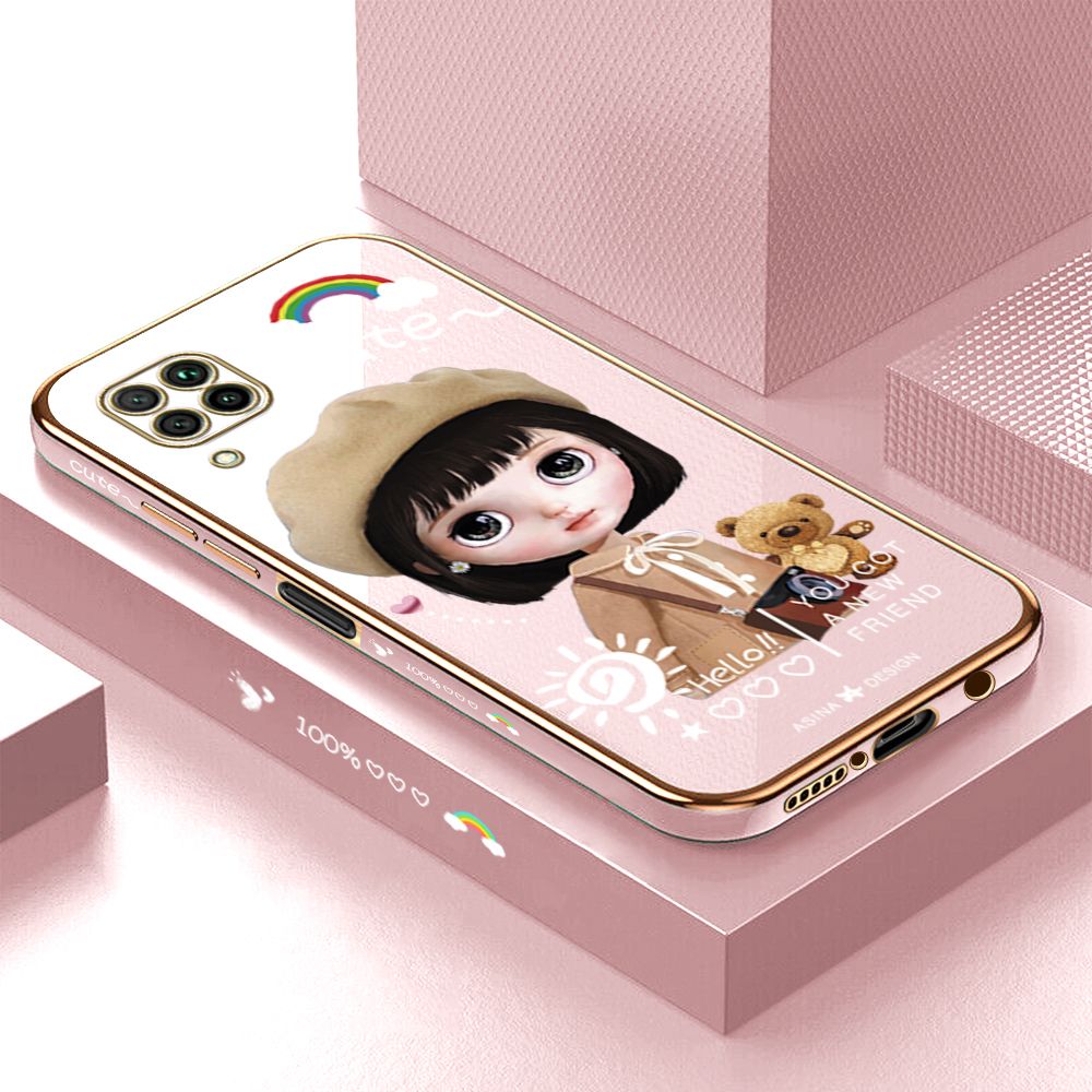 Luxury 6D Plating Case for Huawei Nova 7I Cute Satchel Girl Side Pattern Back Cover Soft Silicone Square Phone Cases + Free Lanyard
