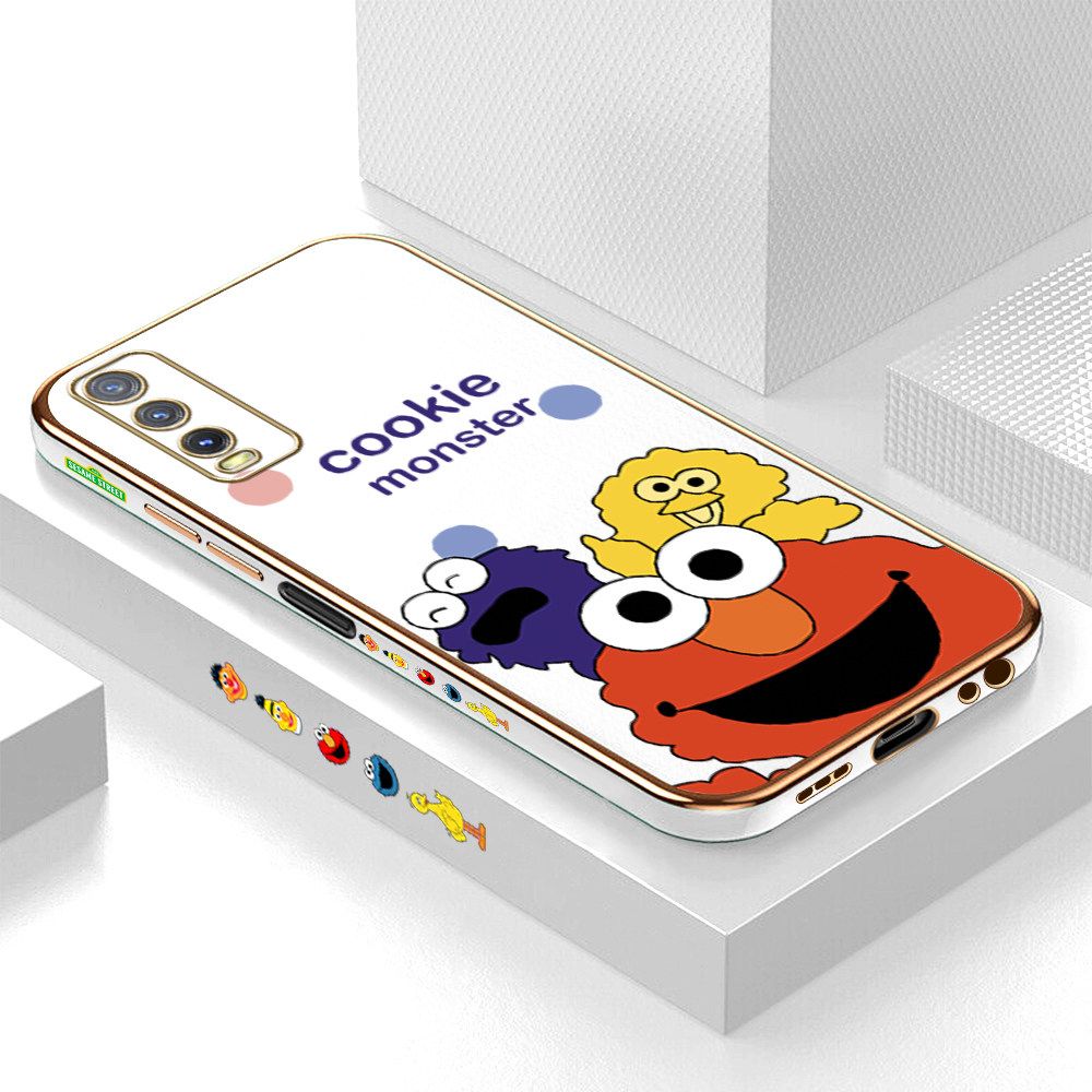 Luxury 6D Plating Case for Vivo Y20S Color Cute Cartoon Sesame Monsters Side Pattern Back Cover Soft Silicone Square Frame Shiny Bling Phone Cases + Free Lanyard