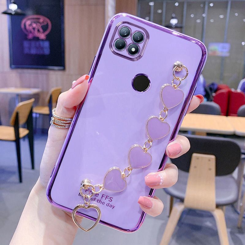 For Xiaomi POCO C31 / Redmi 9C Cover + Love Heart Bracelet Fashion Shiny Wrist Chain Plating Bumper Slim Phone Case Soft TPU Silicone Shockproof Protective Back Cover