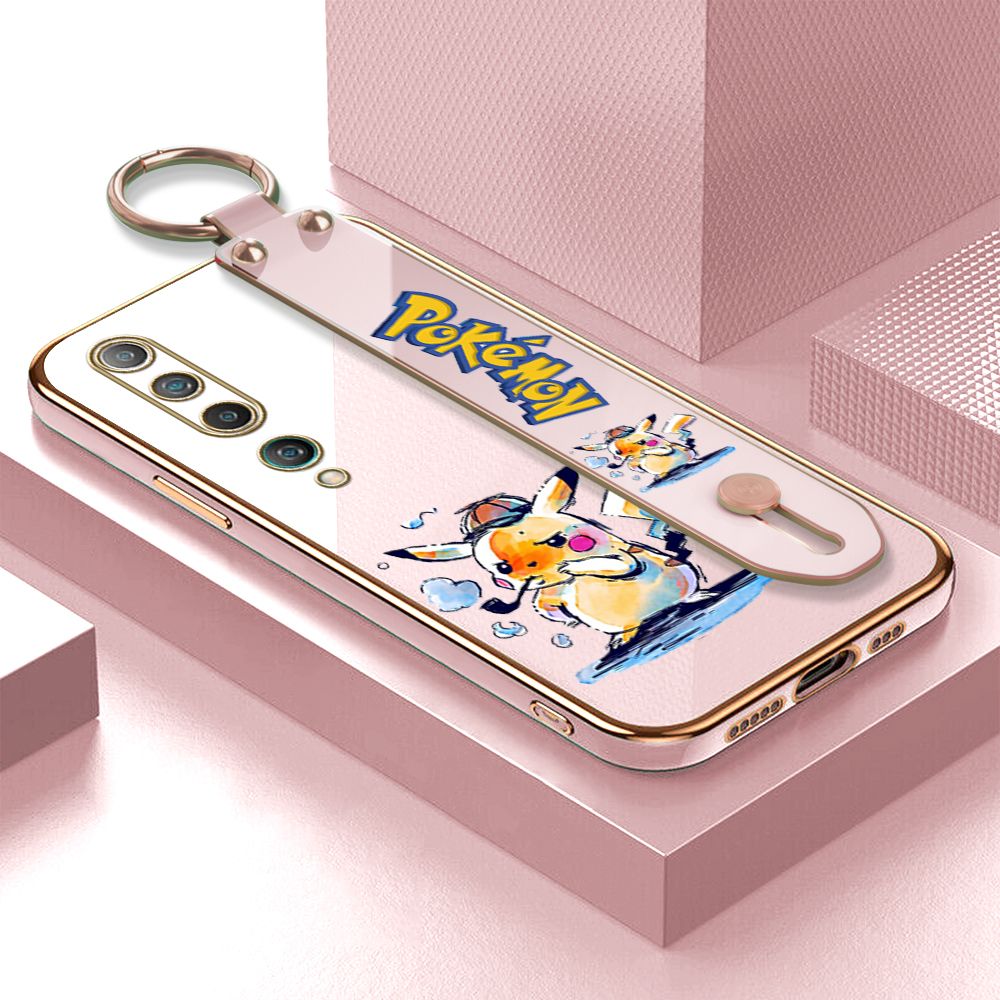 UCUC for Xiaomi 10 Wrist Strap Back Cover + Free Lanyard Pikachu Fashion Luxury 6D Plating Soft Casing Silicone Square Frame Phone Case