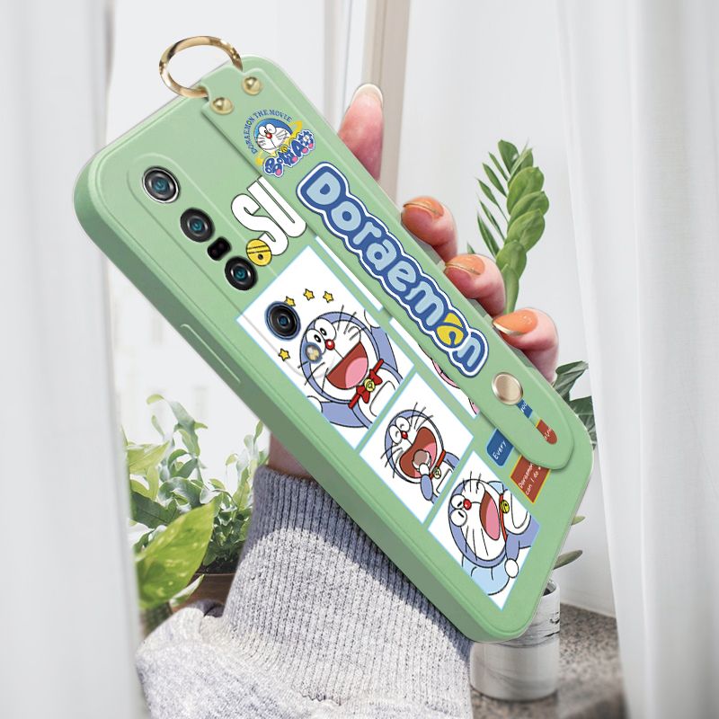 Jizetin for Xiaomi Mi 10 Pro Wrist Strap Case Creative Cartoon Doraemon's Daily Life Cover Ultra Thin Anti Fall Liquid Silicone Phone Case
