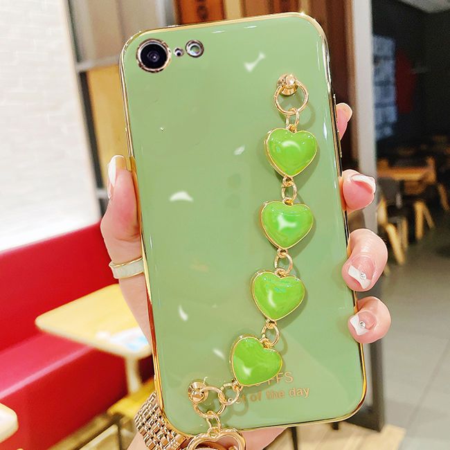 For iPhone SE 2022 / iPhone SE 2020 / iPhone 8 / iPhone 7 Back Cover with Love Heart Chain Wrist Strap Fashion Bracelet Shiny Plating Bumper Protective Case Silicone Shockproof Mobile Phone Cases