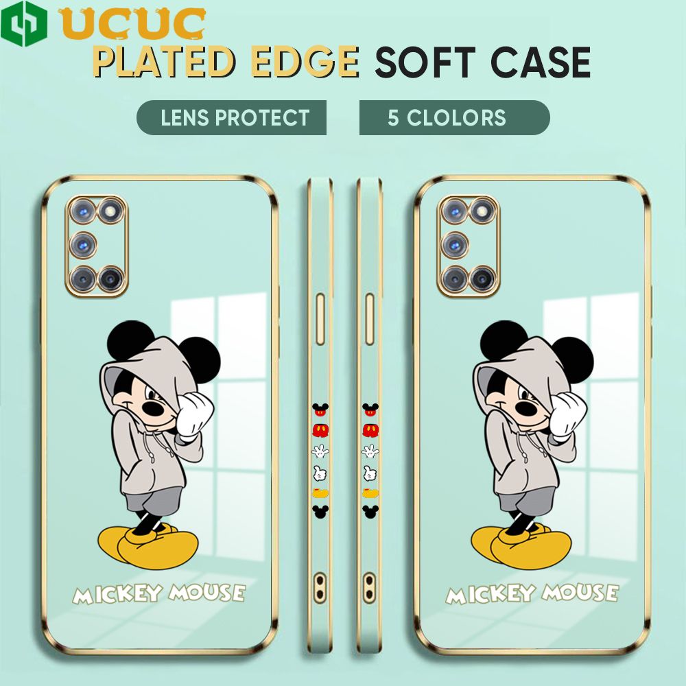 UCUC for OPPO A52 / A92 Back Cover + Free Lanyard Hoodie Mouse Luxury 6D Plating Case Side Pattern Soft Silicone Square Phone Cases