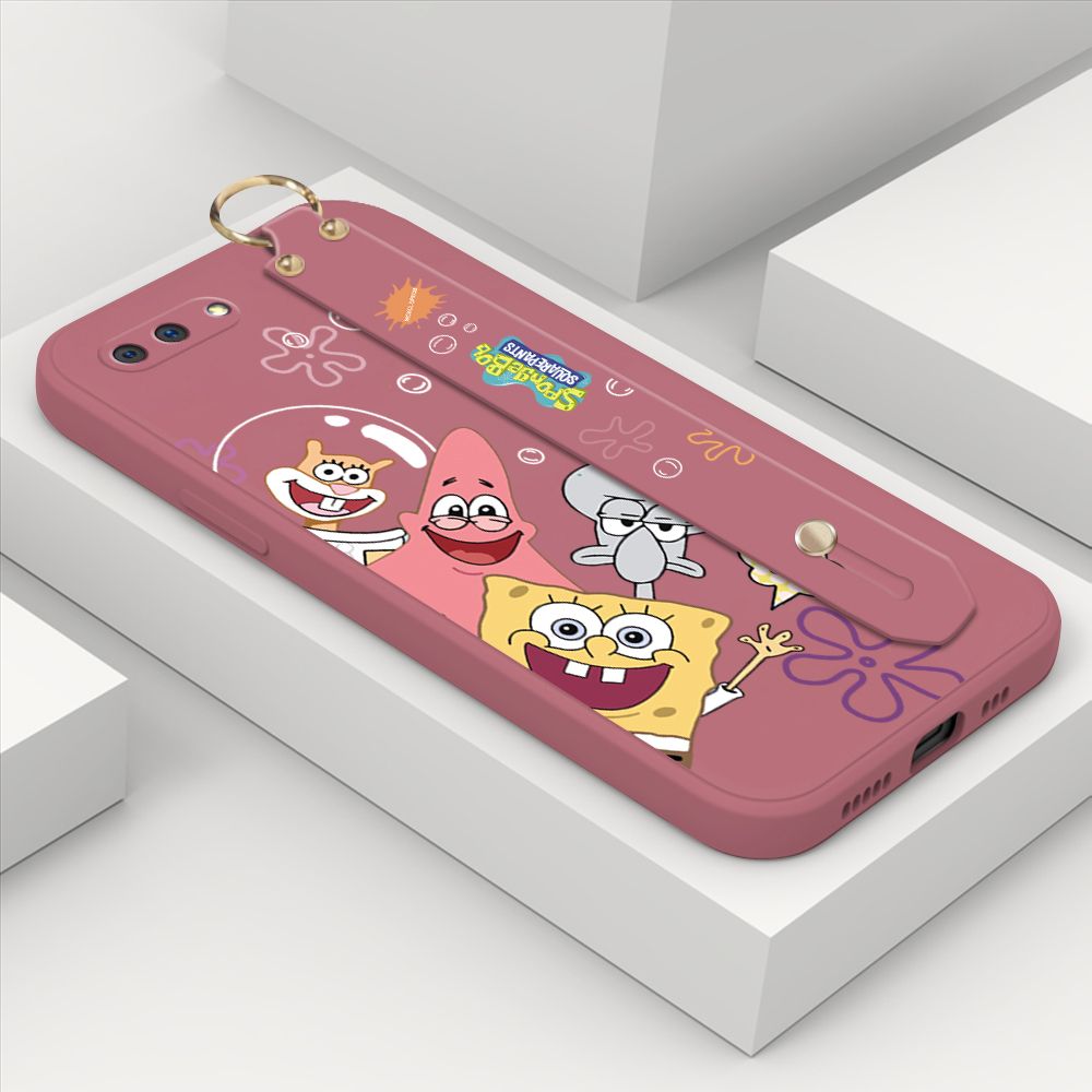 ZeroQiQi for OPPO A3S Wrist Strap Case Cute Cute Funny Cartoon Sponge for Square Pants Cover Square Edge Liquid Silicone Anti-drop Phone Case