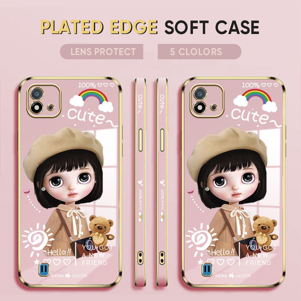 Luxury 6D Plating Case for Realme C20A Phone Cases Satchel Girl Side Print Soft Silicone Square Back Cover