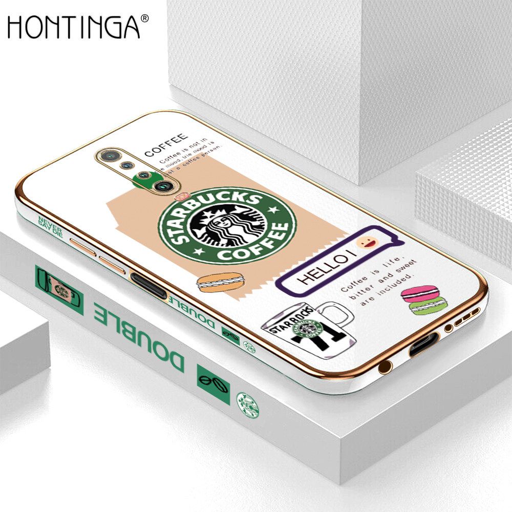 Hontinga for Redmi K30/Xiaomi Poco X2 Back Cover + Free Lanyard Luxury 6D Plating Fashion Coffee Side Pattern Case Soft Silicone Square Phone Cases