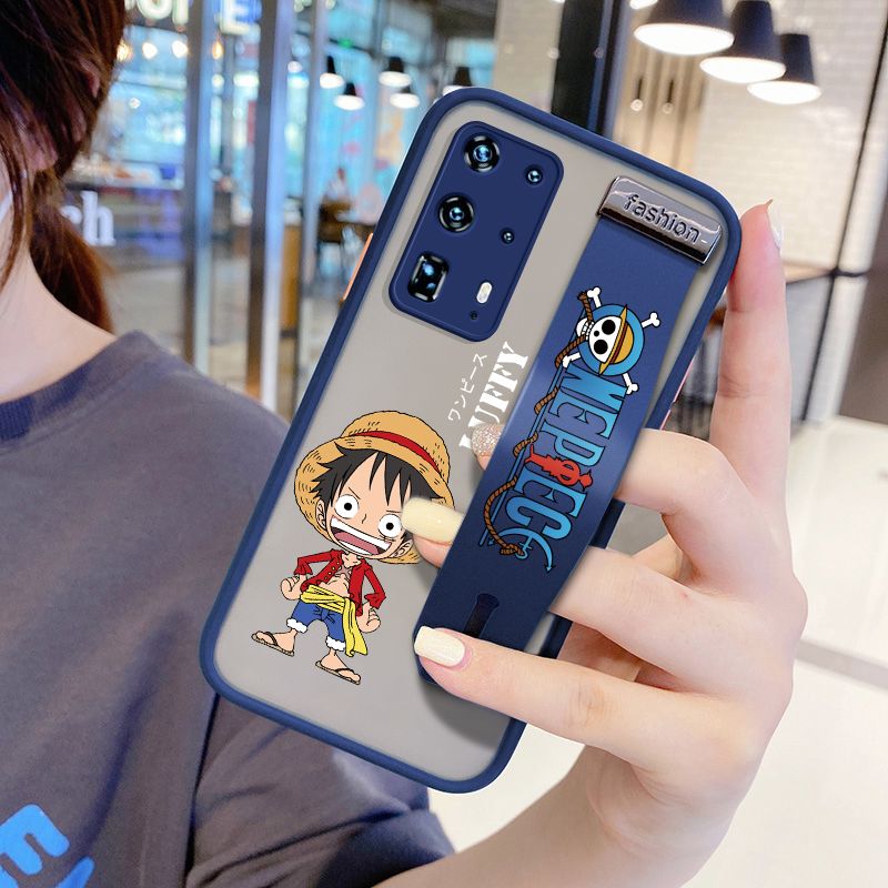 UCUC for Huawei P40 Pro Plus Wrist Strap Case Anime One Piece Luffy Wristband Printing Cover Shockproof Frosted Phone Case
