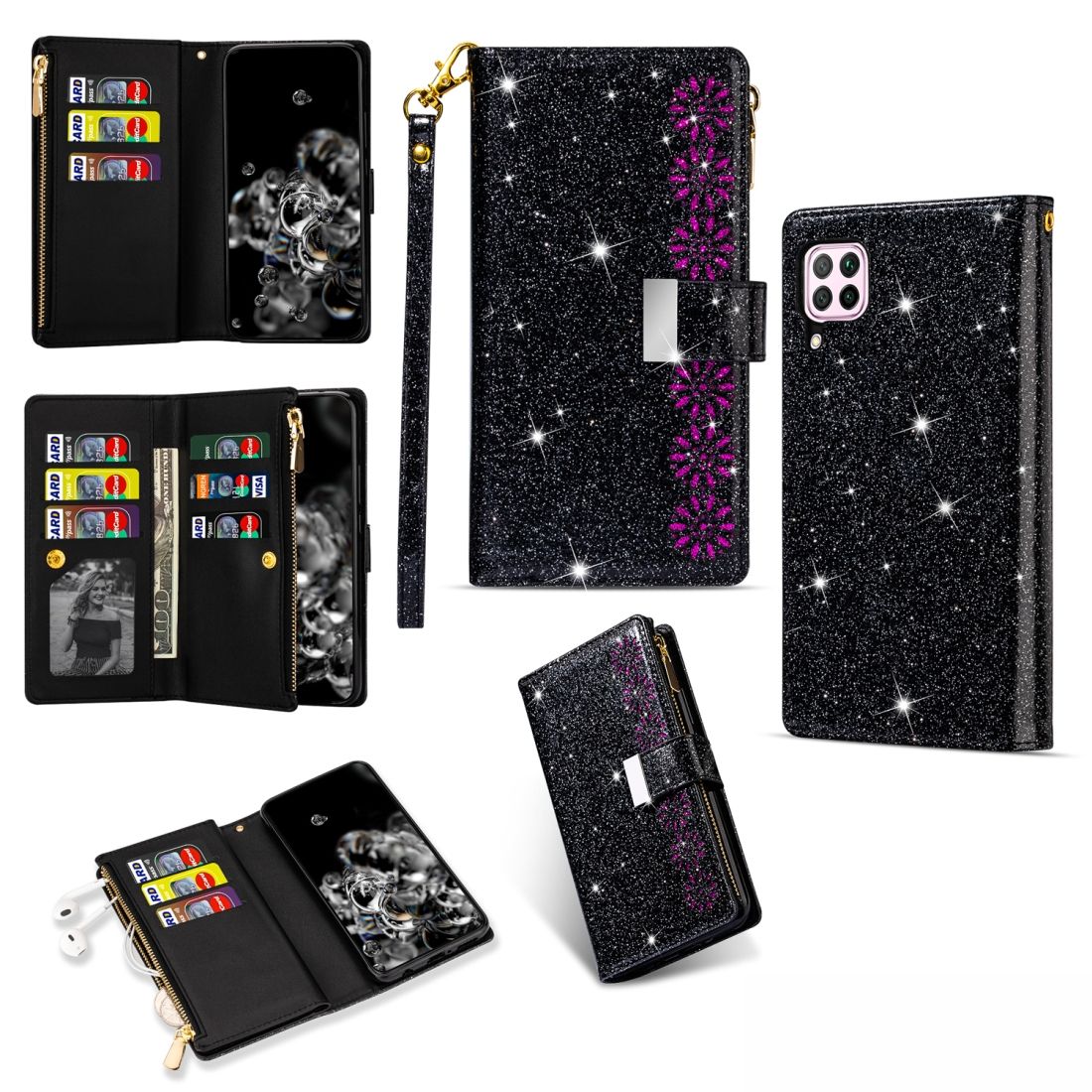 (Ready Stock)For Huawei P40 lite Multi-card Slots Starry Sky Laser Carving Glitter Zipper Horizontal Flip Leather Case with Holder & Wallet & Lanyard(Purple)