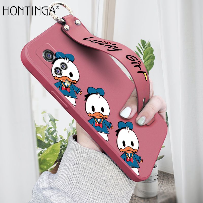 Hontinga for Vivo Y31 2021 / Y51A 2021 / Y53S 4G / Y51 2020 Wrist Strap Case Cute Cartoon Little Duck Cover Trend Square Printed Pattern Liquid Silicone Phone Case