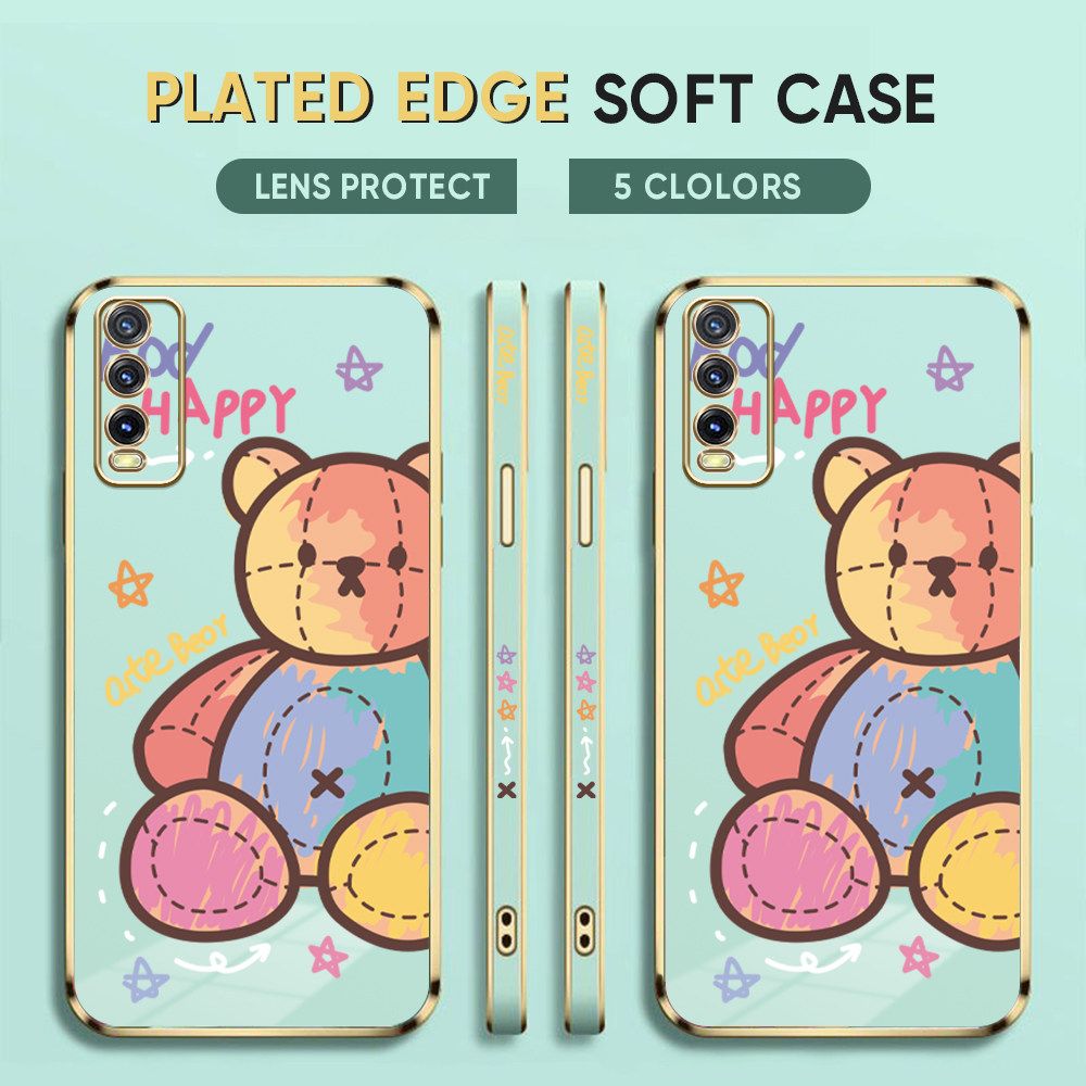Luxury 6D Plating Case for Vivo Y20 2021 Phone Cases Color Cartoon Doll Bear Side Print Soft Silicone Square Back Cover