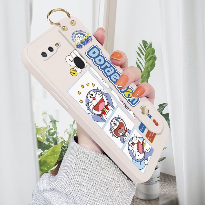 Jizetin for OPPO F9 Wrist Strap Case Creative Cartoon Doraemon's Daily Life Cover Ultra Thin Anti Fall Liquid Silicone Phone Case