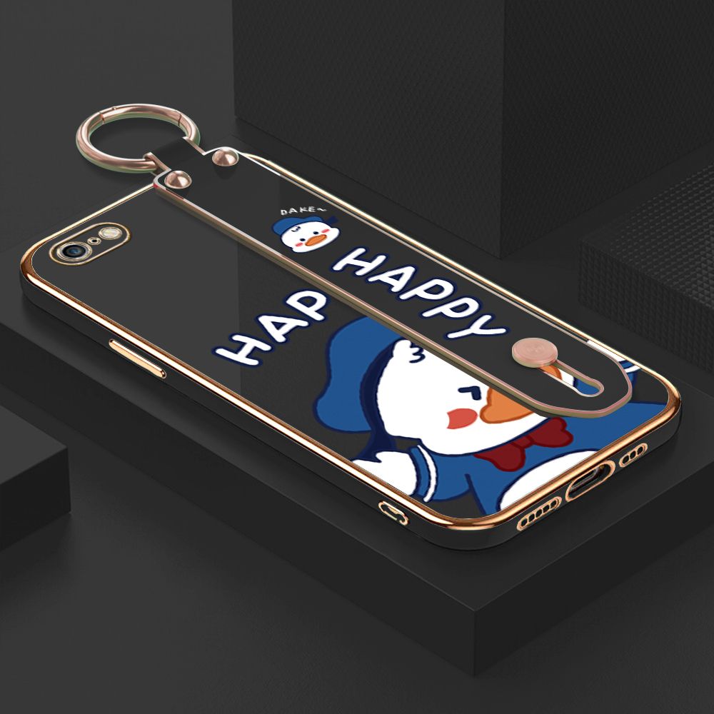 TA for iPhone 6 Plus / 6S Plus Wrist Strap Back Cover Cute Duck Fashion Luxury 6D Plating Soft Casing Silicone Square Frame Phone Case