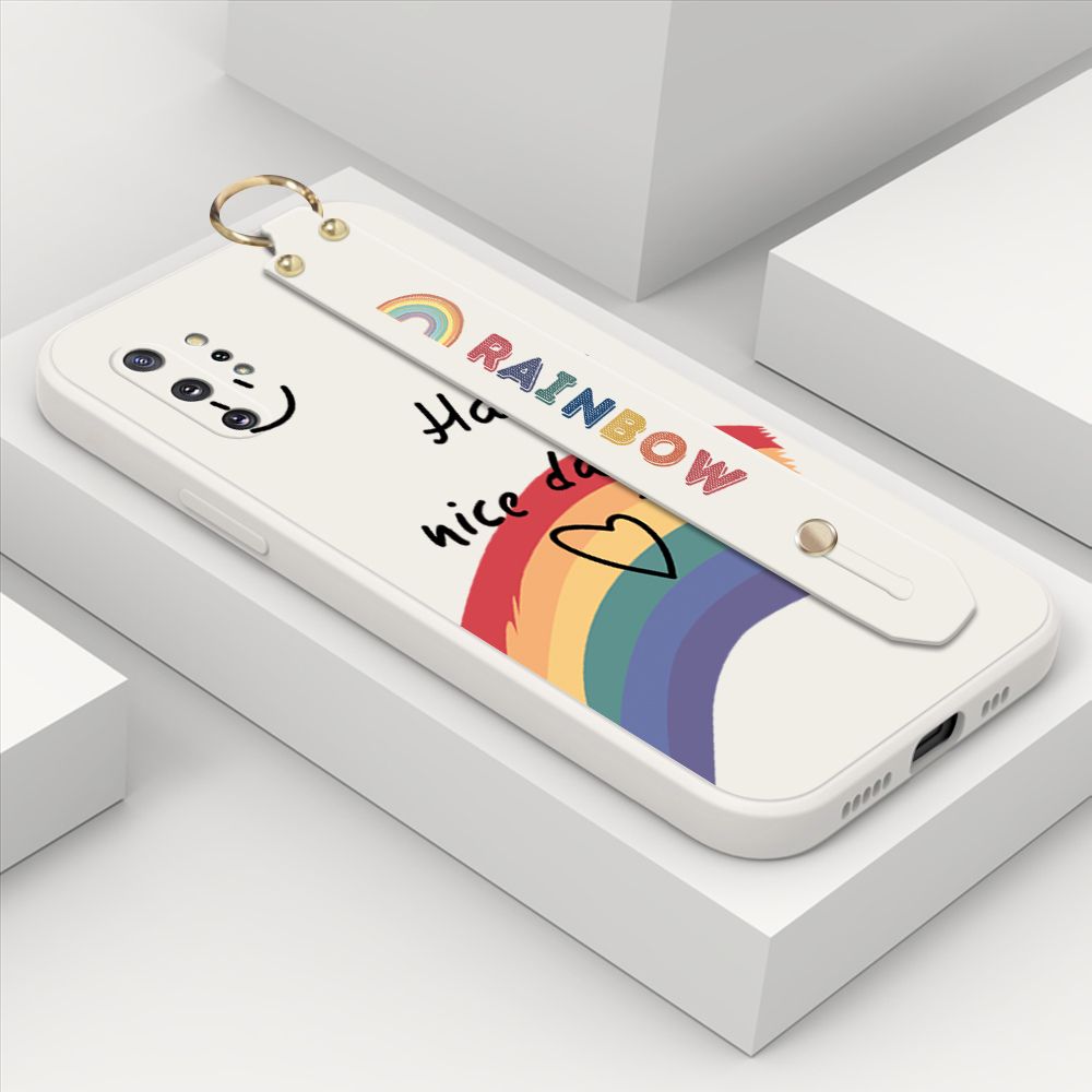 ZeroQiQi for Samsung Galaxy Note 10 Plus Wrist Strap Case Lovely Graffiti Rainbow Smile Thin Phone Cover Square Edge Liquid Silicone Creativity Phone Case