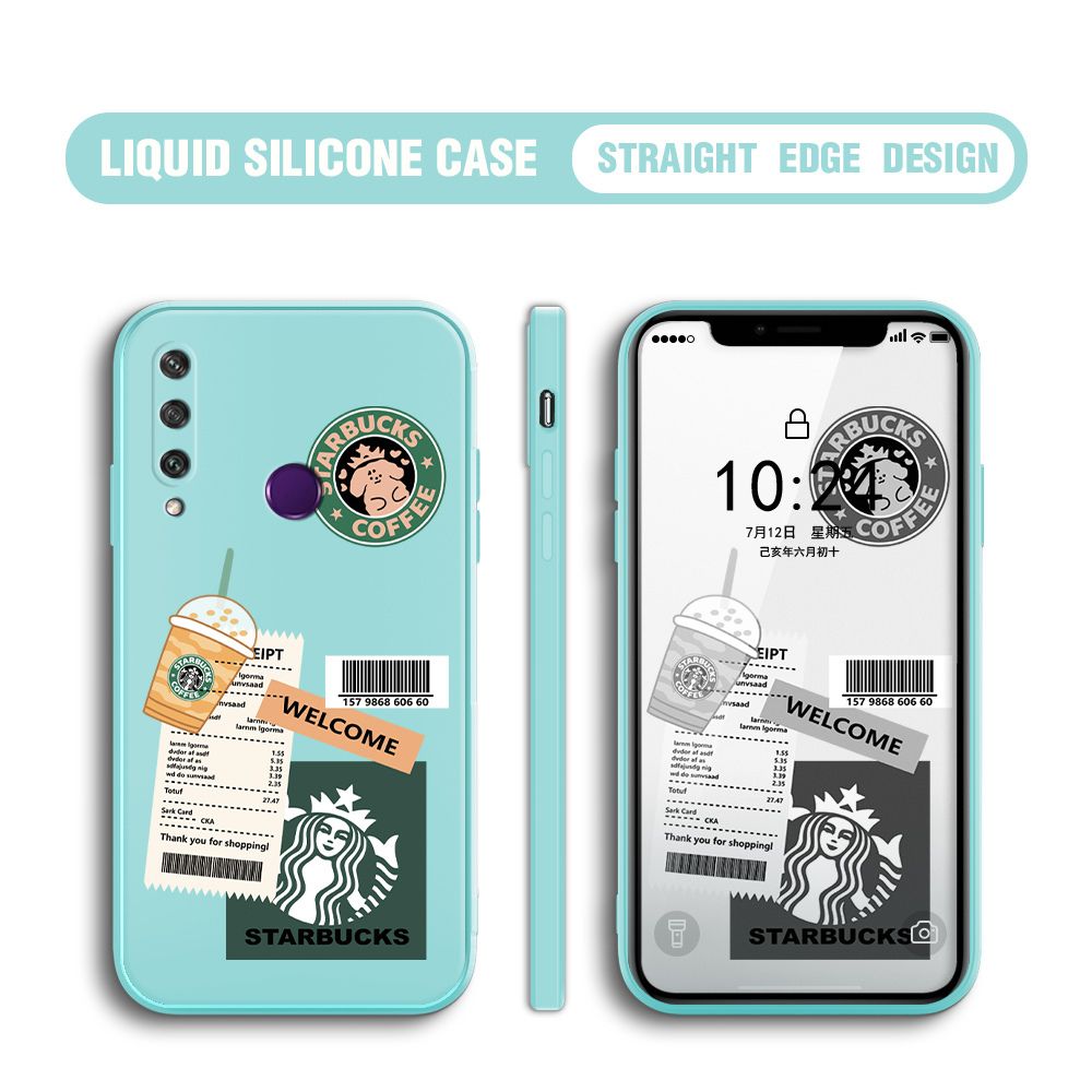 BILI for Huawei Y6P Back Cover Creative Coffee Order Receipt Multicolor Liquid Silicone Phone Case Soft Square Lens Protection Phone Cases