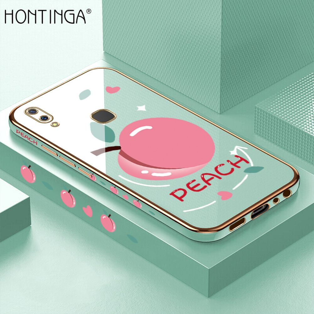 Hontinga for Vivo Y85 Case Luxury 6D Plating Soft Casing Silicone Square Frame Phone Cover Shiny Bling Side Print Cartoon Simple Peach Cases