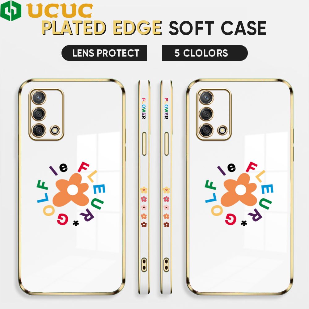 UCUC for OPPO F19 A74 A95 Back Cover + Free Lanyard Colorful Flower Luxury 6D Plating Case Side Pattern Soft Silicone Square Phone Cases