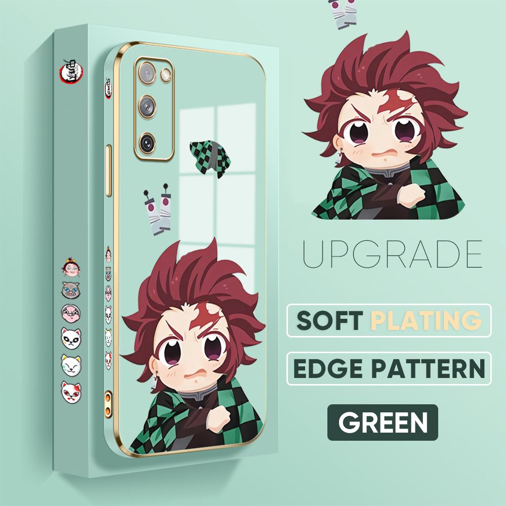 Jizetin (Free Lanyard) Samsung S20 FE Cover Wronged Tanjiro Luxury 6D Plating Soft Casing Silicone Square Frame Phone Case Shiny Bling Back Cover