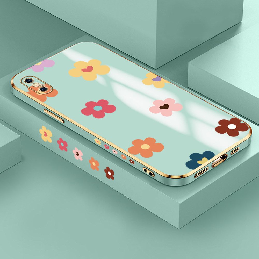 Jizetin (Free Lanyard) iPhone XS Case INS Style Flower Luxury 6D Plating Soft Casing Silicone Ultra Thin Phone Cover