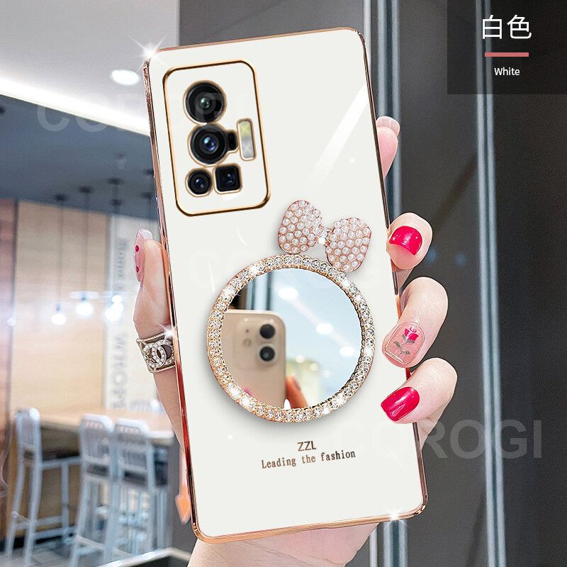 For Vivo X70 Pro 5G Back Cover + Bowknot Makeup Mirror Fashion Shiny Plating Square Bumper Bling Girls Phone Case Soft TPU Silicone Shockproof Back Cover